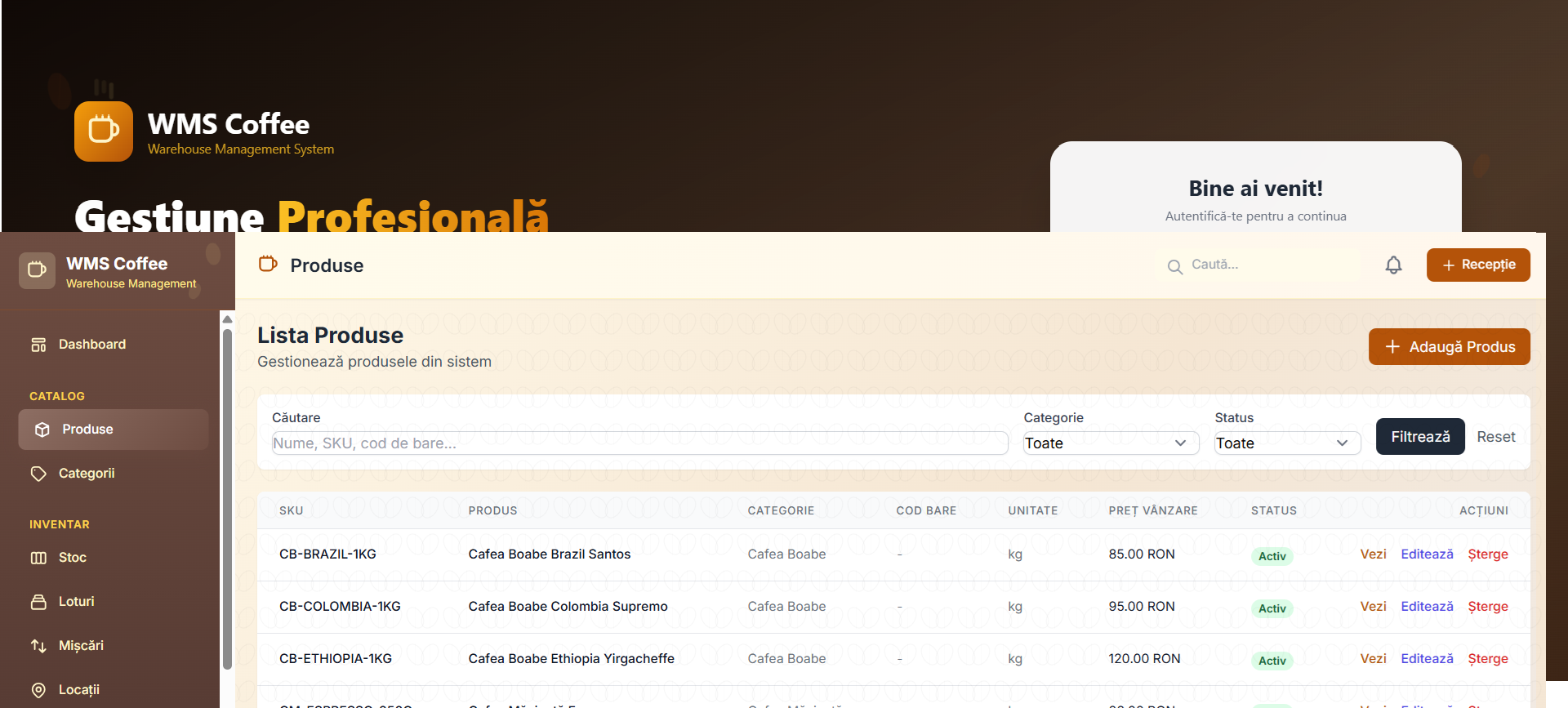 WMS Coffee – Sistem de Gestiune pentru Depozite de Cafea