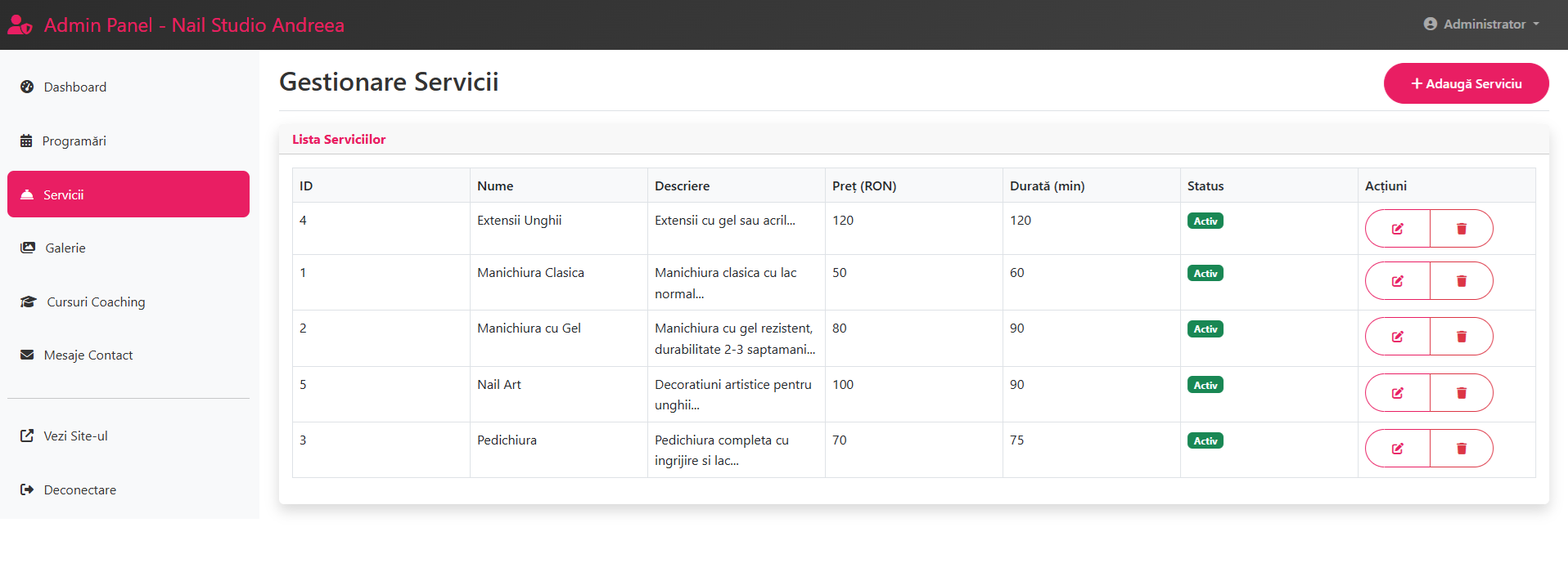 Nail Studio Andreea – MVP (PHP + MySQL + Bootstrap)