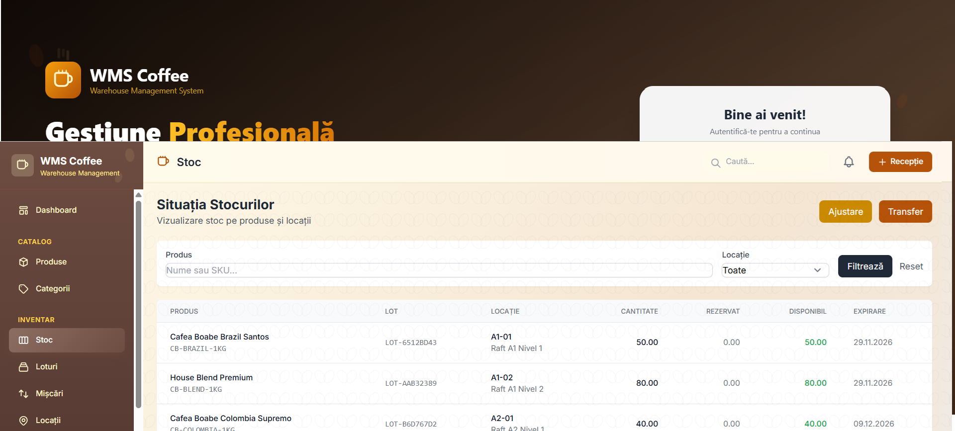 WMS Coffee – Sistem de Gestiune pentru Depozite de Cafea