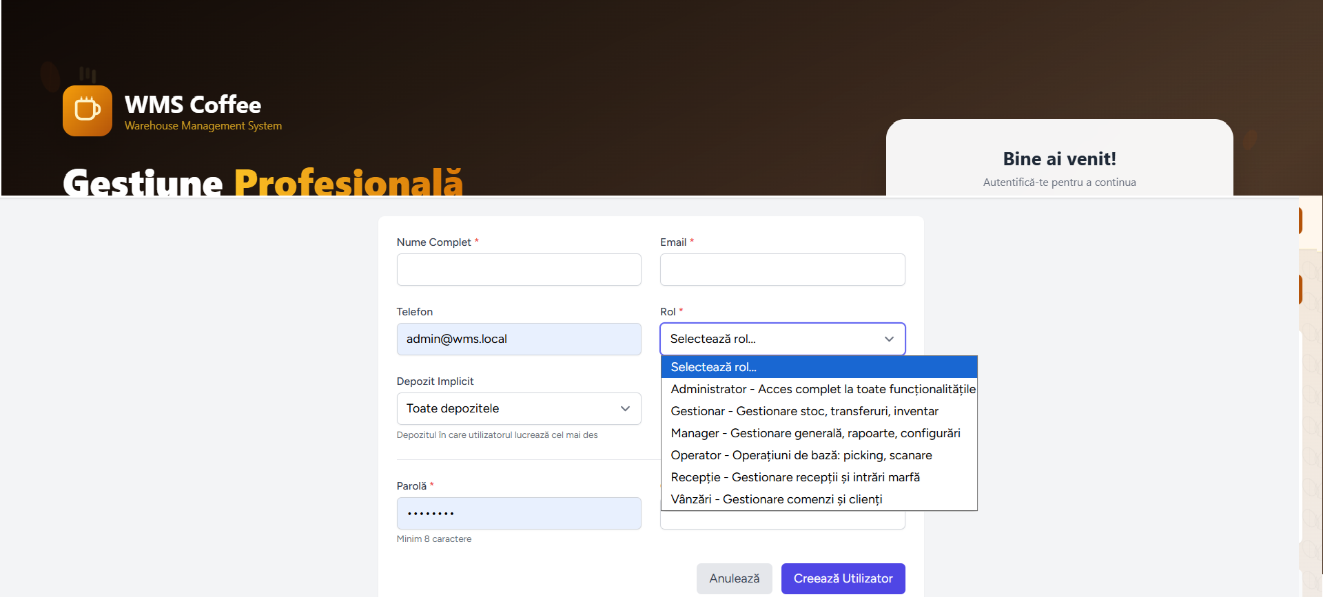 WMS Coffee – Sistem de Gestiune pentru Depozite de Cafea